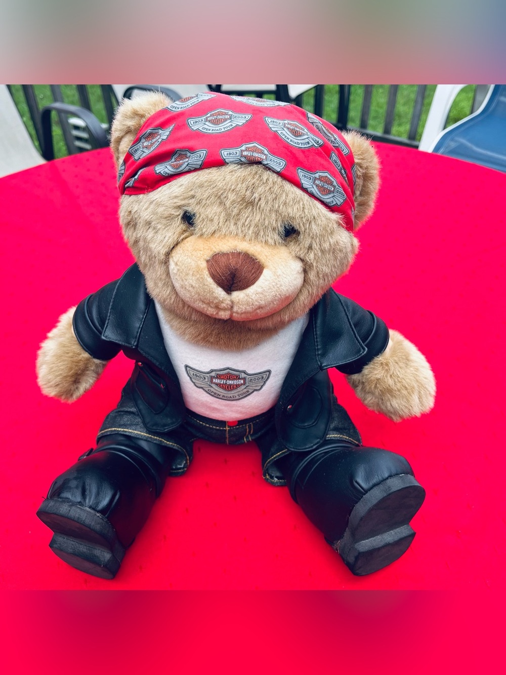 Harley-Davidson Tan Teddy Bear with Red Bandana and Black Biker Outfit
